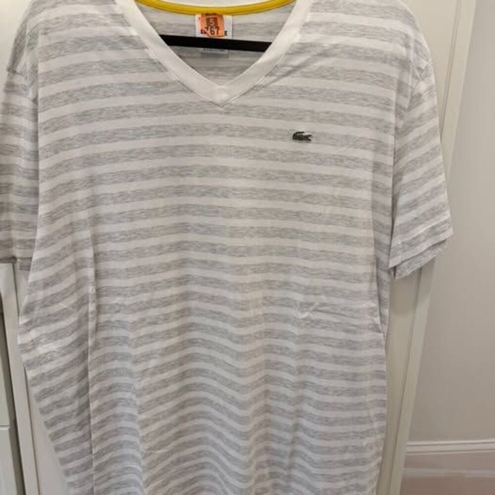 Lacoste White & Light Gray Striped V-Neck Tee Size 8